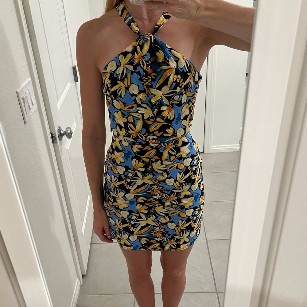 Lulus Floral Halter Neck Dress Open Back